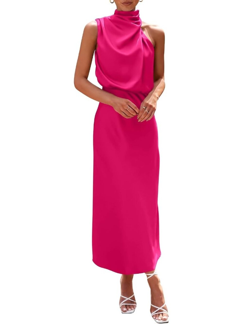 Women's  Rose Red Silk Fabric Sleeveless Mock Neck Satin Maxi Cocktail Dress